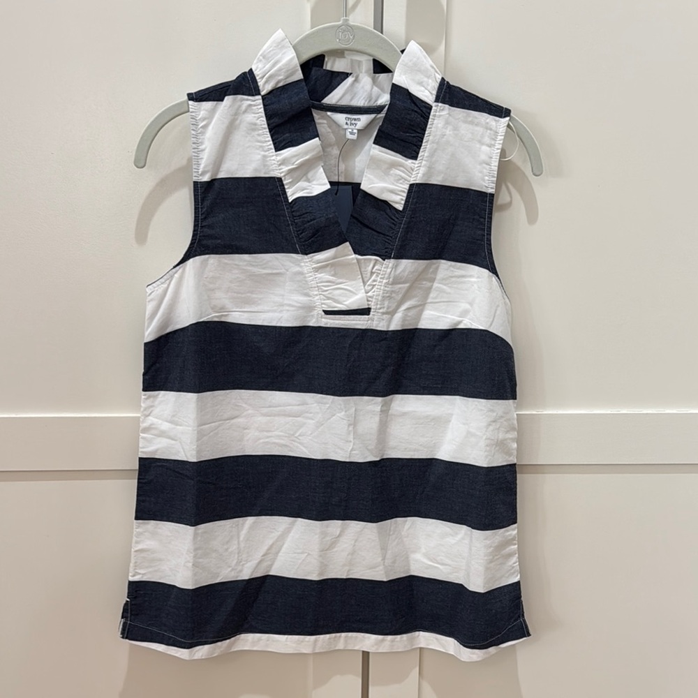 Crown and Ivy Navy and White Striped Sleeveless Blouse